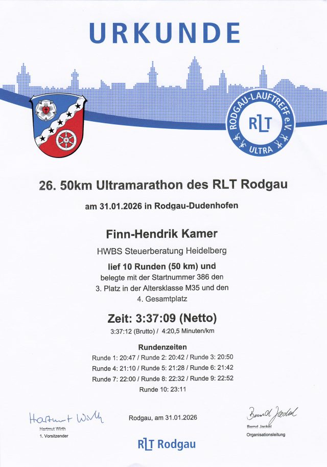 Urkunde 26. Ultramarathon Rodgau